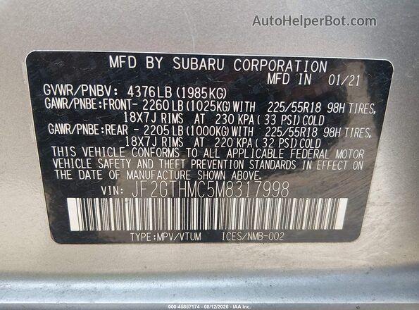 JF2GTHMC5M8317998 2021 SUBARU CROSSTREK Серебряный Вид подкапотного пространства