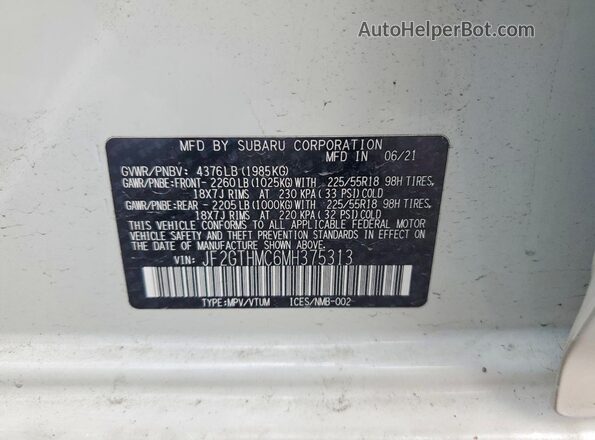 JF2GTHMC6MH375313 2021 SUBARU CROSSTREK Белый Вид наклейки с VIN-кодом