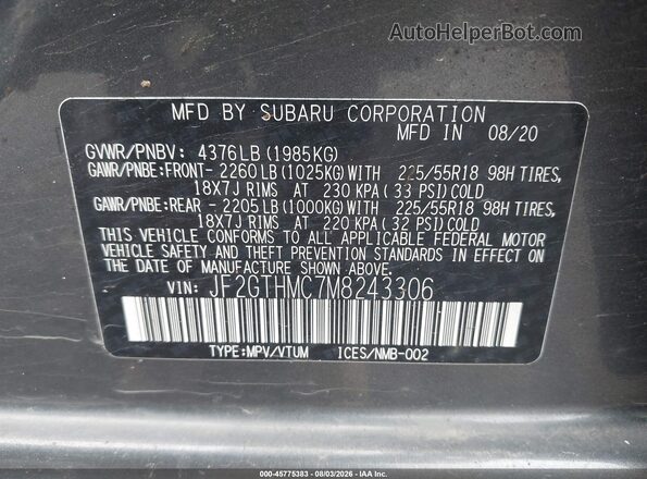 JF2GTHMC7M8243306 2021 SUBARU CROSSTREK Gray Vista del compartimento del motor