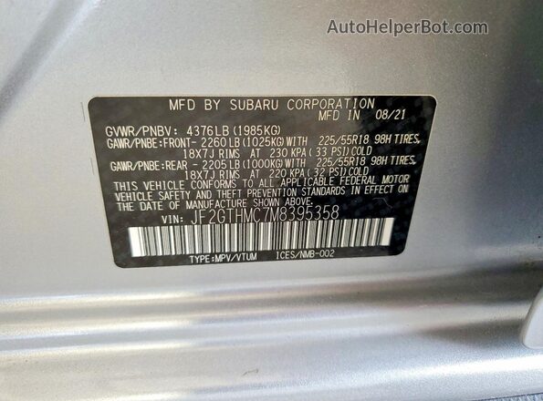 JF2GTHMC7M8395358 2021 SUBARU CROSSTREK Silver Սալոնի 360 աստիճան տեսք