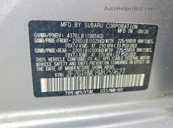JF2GTHMC8M8259627 2021 SUBARU CROSSTREK Gray სალონის 360-გრადუსიანი ხედი