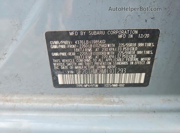 JF2GTHMC8MH301293 2021 SUBARU CROSSTREK Turquoise Vista de la etiqueta del VIN