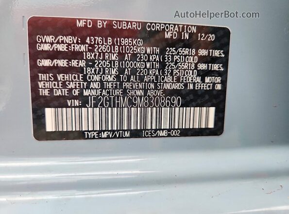 JF2GTHMC9M8308690 2021 SUBARU CROSSTREK Blue Вид наклейки з VIN-кодом