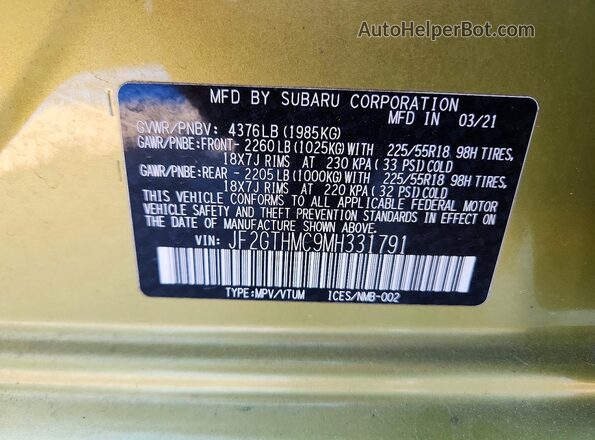 JF2GTHMC9MH331791 2021 SUBARU CROSSTREK Золотой Вид наклейки с VIN-кодом
