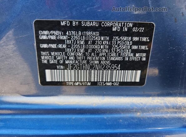 JF2GTHNC2NH235954 2022 SUBARU CROSSTREK Blue Engine compartment view