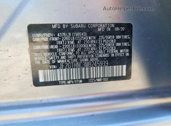 JF2GTHNC3M8245939 2021 SUBARU CROSSTREK Blue VIN კოდის სტიკერის ხედი