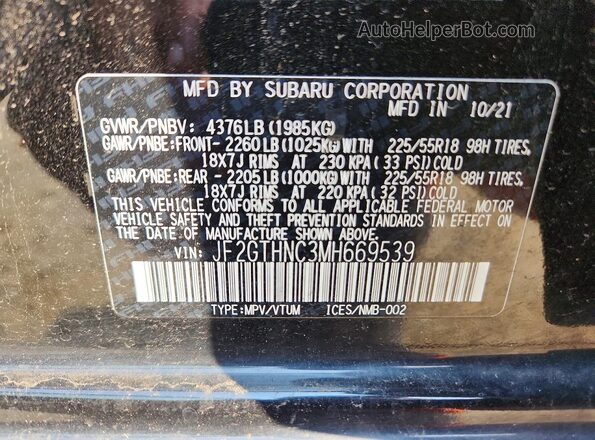 JF2GTHNC3MH669539 2021 SUBARU CROSSTREK Black VIN კოდის სტიკერის ხედი