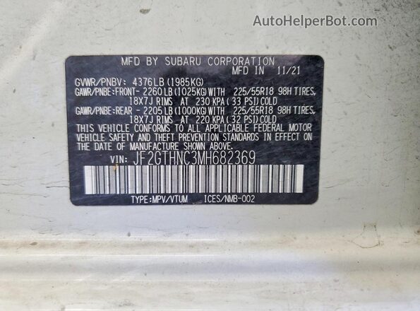 JF2GTHNC3MH682369 2021 SUBARU CROSSTREK White Vista de la etiqueta del VIN