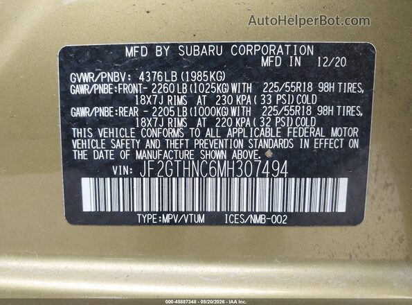 JF2GTHNC6MH307494 2021 SUBARU CROSSTREK Green Engine compartment view
