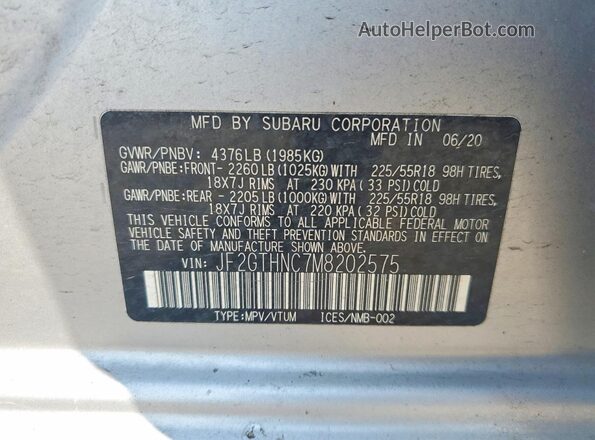 JF2GTHNC7M8202575 2021 SUBARU CROSSTREK Silver VIN sticker view