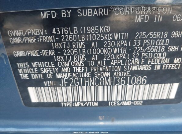 JF2GTHNC8MH361086 2021 SUBARU CROSSTREK Blue Շարժիչի բաժամունքի տեսք