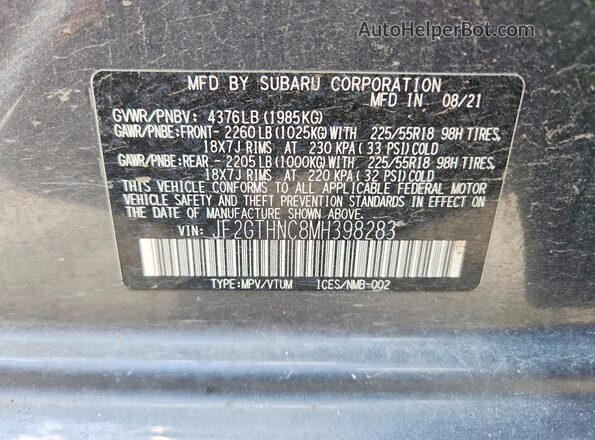 JF2GTHNC8MH398283 2021 SUBARU CROSSTREK Gray Widok naklejki z numerem VIN