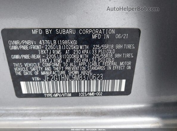 JF2GTHNC9M8370623 2021 SUBARU CROSSTREK Silver Widok komory silnika