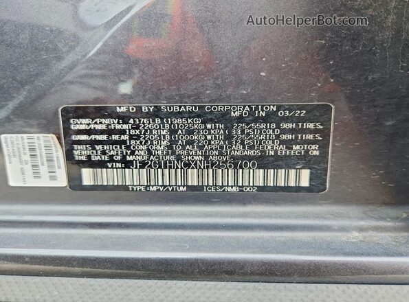 JF2GTHNCXNH256700 2022 SUBARU CROSSTREK Gray VIN კოდის სტიკერის ხედი