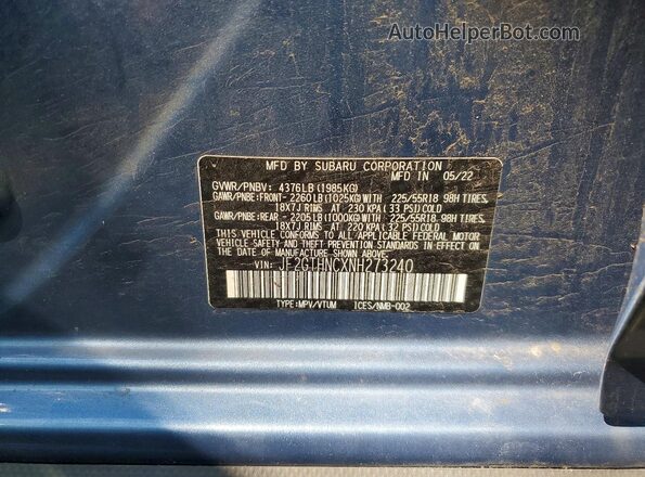 JF2GTHNCXNH273240 2022 SUBARU CROSSTREK Blue Widok naklejki z numerem VIN