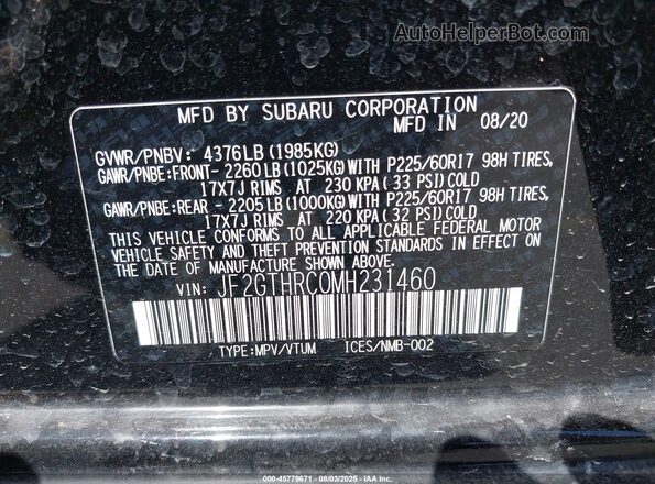 JF2GTHRC0MH231460 2021 SUBARU CROSSTREK Black ძრავის განყოფილების ხედი