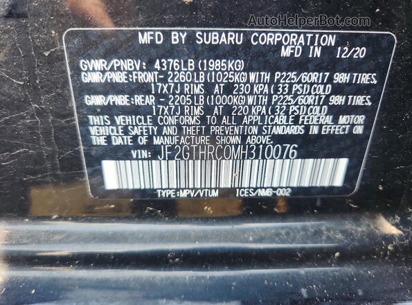 JF2GTHRC0MH310076 2021 SUBARU CROSSTREK Black VIN კოდის სტიკერის ხედი
