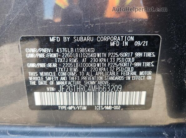 JF2GTHRC4MH663209 2021 SUBARU CROSSTREK Gray Vista de la etiqueta del VIN