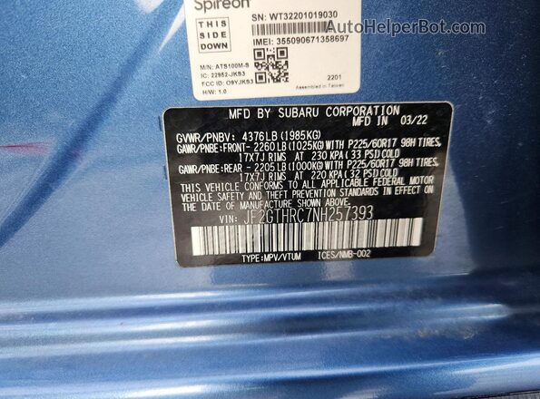 JF2GTHRC7NH257393 2022 SUBARU CROSSTREK Blue VIN կոդի պիտակի տեսք