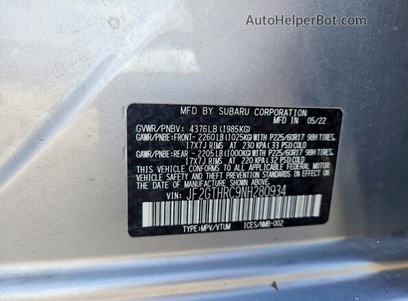 JF2GTHRC9NH280934 2022 SUBARU CROSSTREK Silver Vista interior de 360 grados
