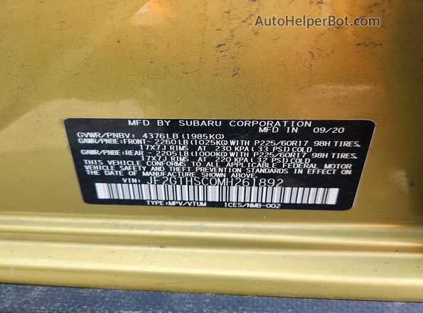 JF2GTHSC0MH261892 2021 SUBARU CROSSTREK Yellow VIN sticker view