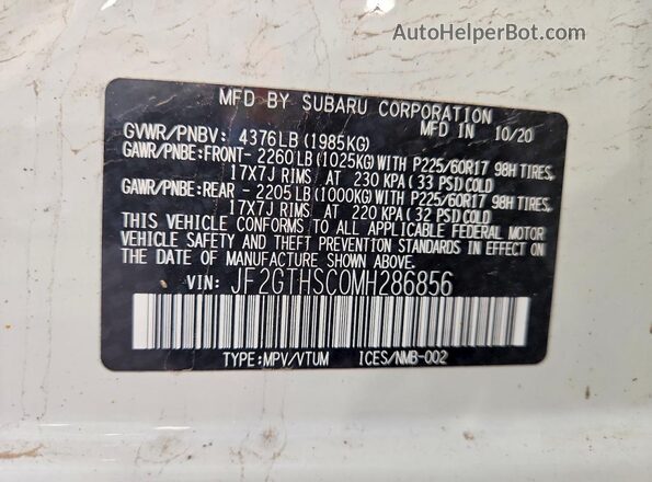 JF2GTHSC0MH286856 2021 SUBARU CROSSTREK White Widok naklejki z numerem VIN