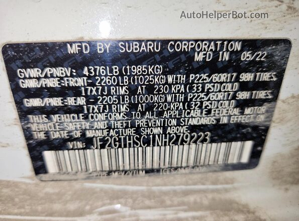 JF2GTHSC1NH279223 2022 SUBARU CROSSTREK White Vista de la etiqueta del VIN