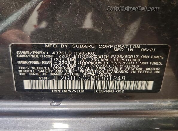 JF2GTHSC2MH361248 2021 SUBARU CROSSTREK Gray VIN կոդի պիտակի տեսք