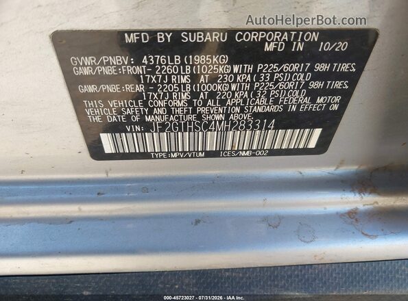 JF2GTHSC4MH283314 2021 SUBARU CROSSTREK Gray Вид підкапотного простору