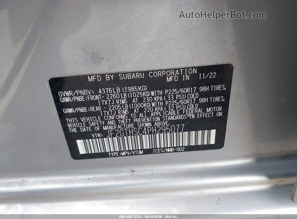 JF2GTHSC4PH295077 2023 SUBARU CROSSTREK Silver Engine compartment view