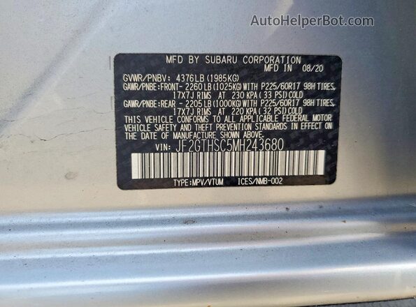 JF2GTHSC5MH243680 2021 SUBARU CROSSTREK Silver VIN կոդի պիտակի տեսք