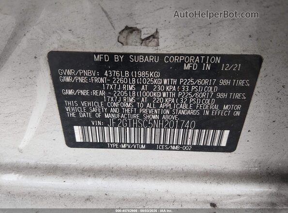 JF2GTHSC5NH201740 2022 SUBARU CROSSTREK White ძრავის განყოფილების ხედი