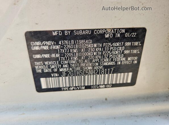 JF2GTHSC5NH218117 2022 SUBARU CROSSTREK White Widok naklejki z numerem VIN