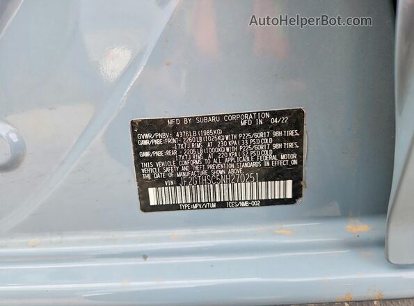 JF2GTHSC5NH270251 2022 SUBARU CROSSTREK Blue VIN կոդի պիտակի տեսք