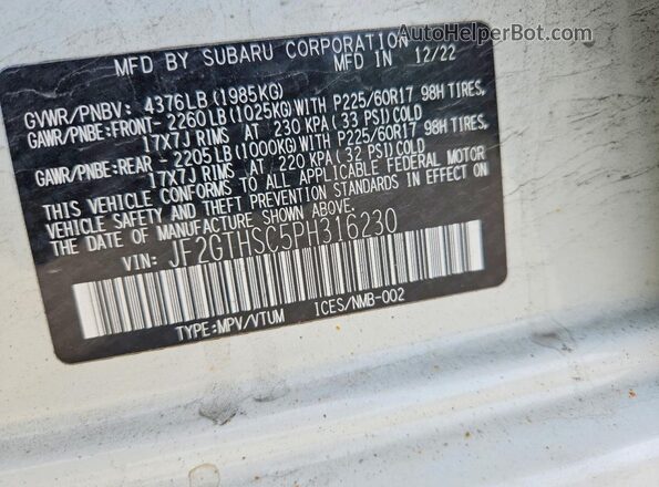 JF2GTHSC5PH316230 2023 SUBARU CROSSTREK White Widok naklejki z numerem VIN
