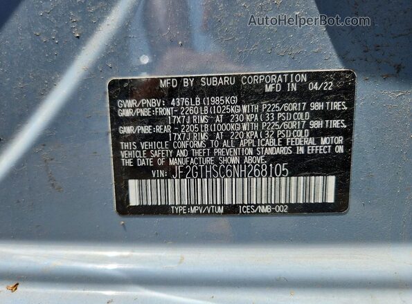 JF2GTHSC6NH268105 2022 SUBARU CROSSTREK Blue Widok komory silnika