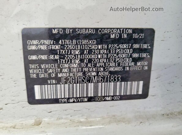 JF2GTHSC7MH671833 2021 SUBARU CROSSTREK White VIN კოდის სტიკერის ხედი