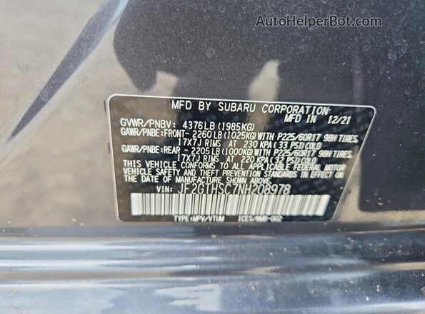 JF2GTHSC7NH208978 2022 SUBARU CROSSTREK Серый Вид наклейки с VIN-кодом