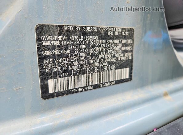 JF2GTHSC9PH290148 2023 SUBARU CROSSTREK Gray VIN sticker view