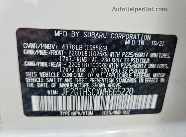 JF2GTHSCXMH665220 2021 SUBARU CROSSTREK White VIN կոդի պիտակի տեսք