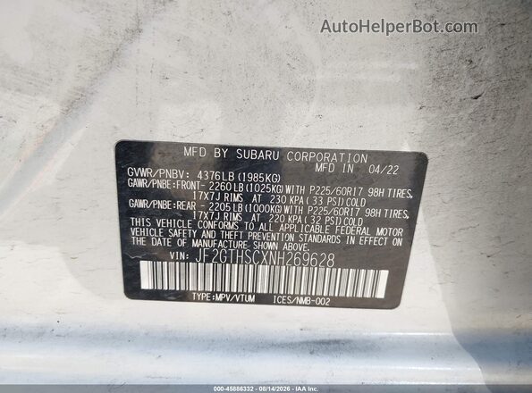 JF2GTHSCXNH269628 2022 SUBARU CROSSTREK White Widok komory silnika