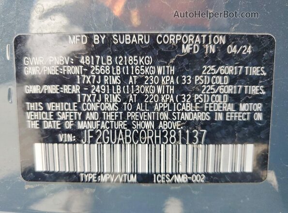 JF2GUABC0RH381137 2024 SUBARU CROSSTREK Gray VIN կոդի պիտակի տեսք