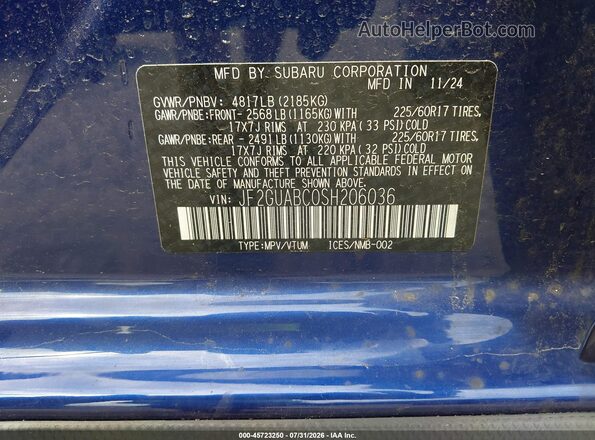 JF2GUABC0SH206036 2025 SUBARU CROSSTREK Blue Widok komory silnika