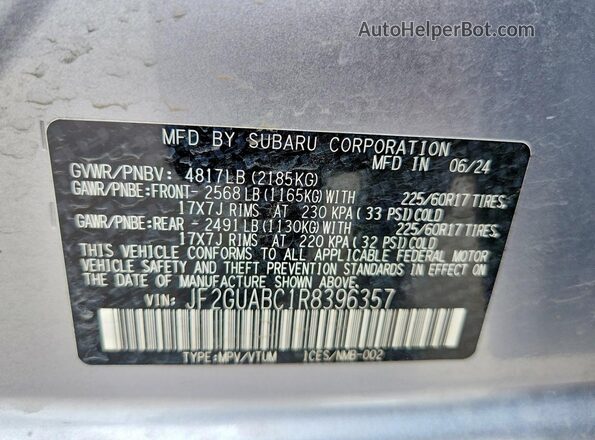 JF2GUABC1R8396357 2024 SUBARU CROSSTREK Silver სალონის 360-გრადუსიანი ხედი