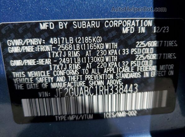 JF2GUABC1RH338443 2024 SUBARU CROSSTREK Blue VIN կոդի պիտակի տեսք