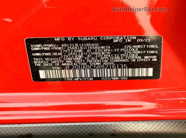 JF2GUABC5R8216135 2024 SUBARU CROSSTREK Red Շարժիչի բաժամունքի տեսք