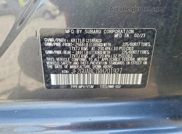 JF2GUABC7RH201927 2024 SUBARU CROSSTREK Gray VIN კოდის სტიკერის ხედი