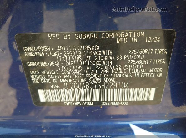 JF2GUABC7SH229104 2025 SUBARU CROSSTREK Синий Вид подкапотного пространства