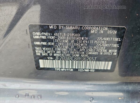 JF2GUABC8RH362657 2024 SUBARU CROSSTREK Угольный Вид наклейки с VIN-кодом