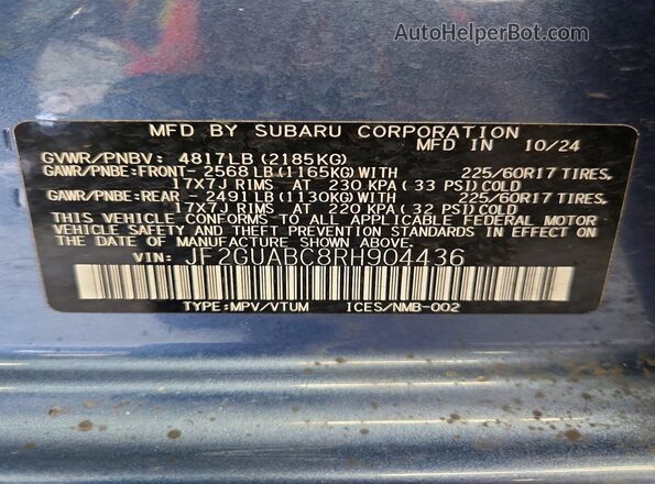 JF2GUABC8RH904436 2024 SUBARU CROSSTREK Blue Панорамний вид салону 360°